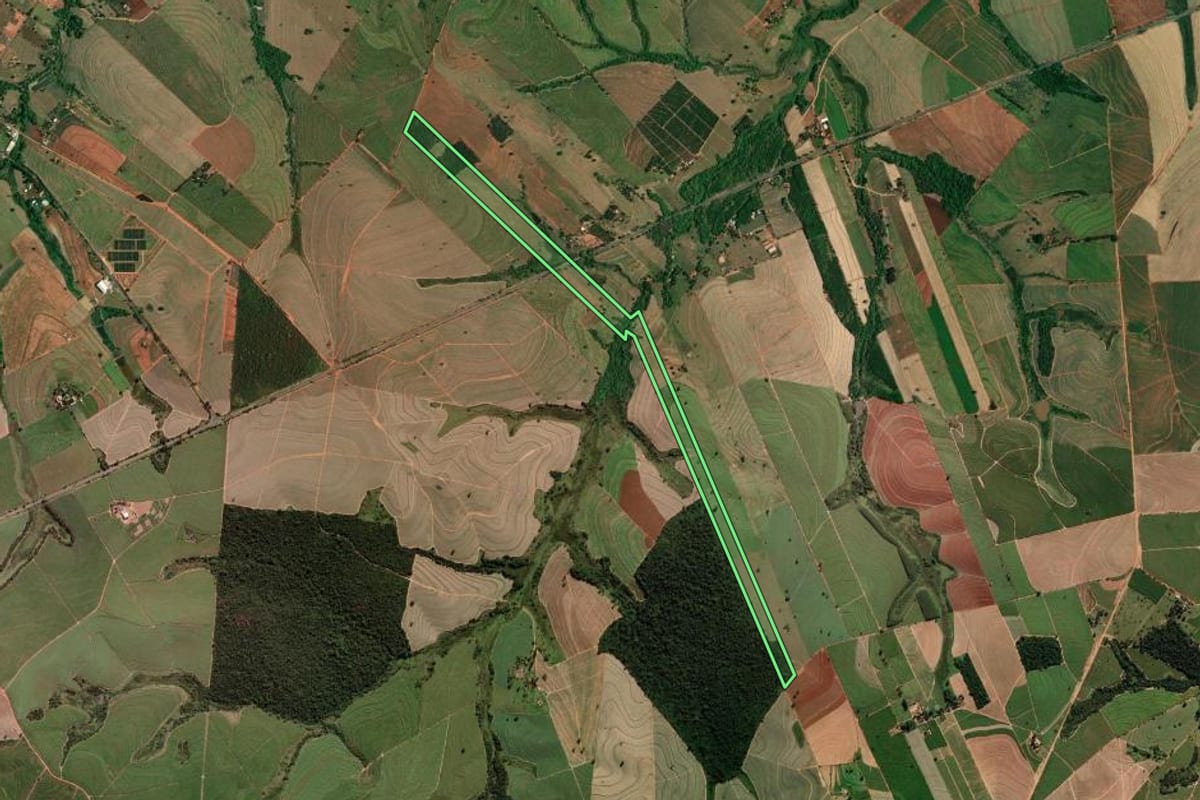 Imagem de satélite do imóvel rural em Braúna (SP), com o contorno declarado no CAR desenhado por cima.