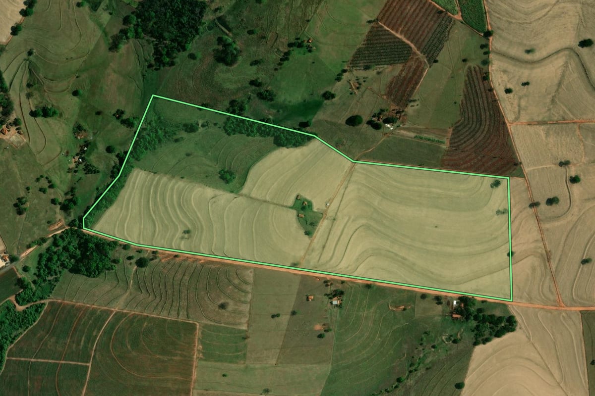Imagem de satélite do imóvel rural em Braúna (SP), com o contorno declarado no CAR desenhado por cima.