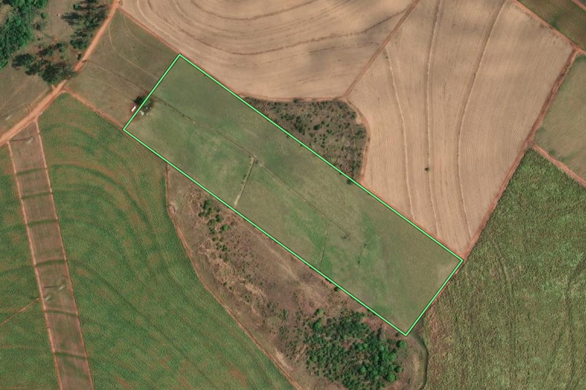 Imagem de satélite do imóvel rural em Brejo Alegre (SP), com o contorno declarado no CAR desenhado por cima.