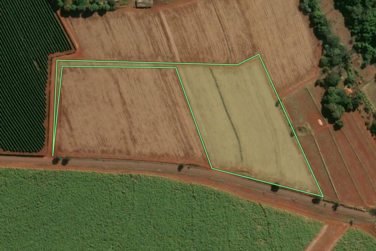 Imagem de satélite do imóvel rural em Brodowski (SP), com o contorno declarado no CAR desenhado por cima.