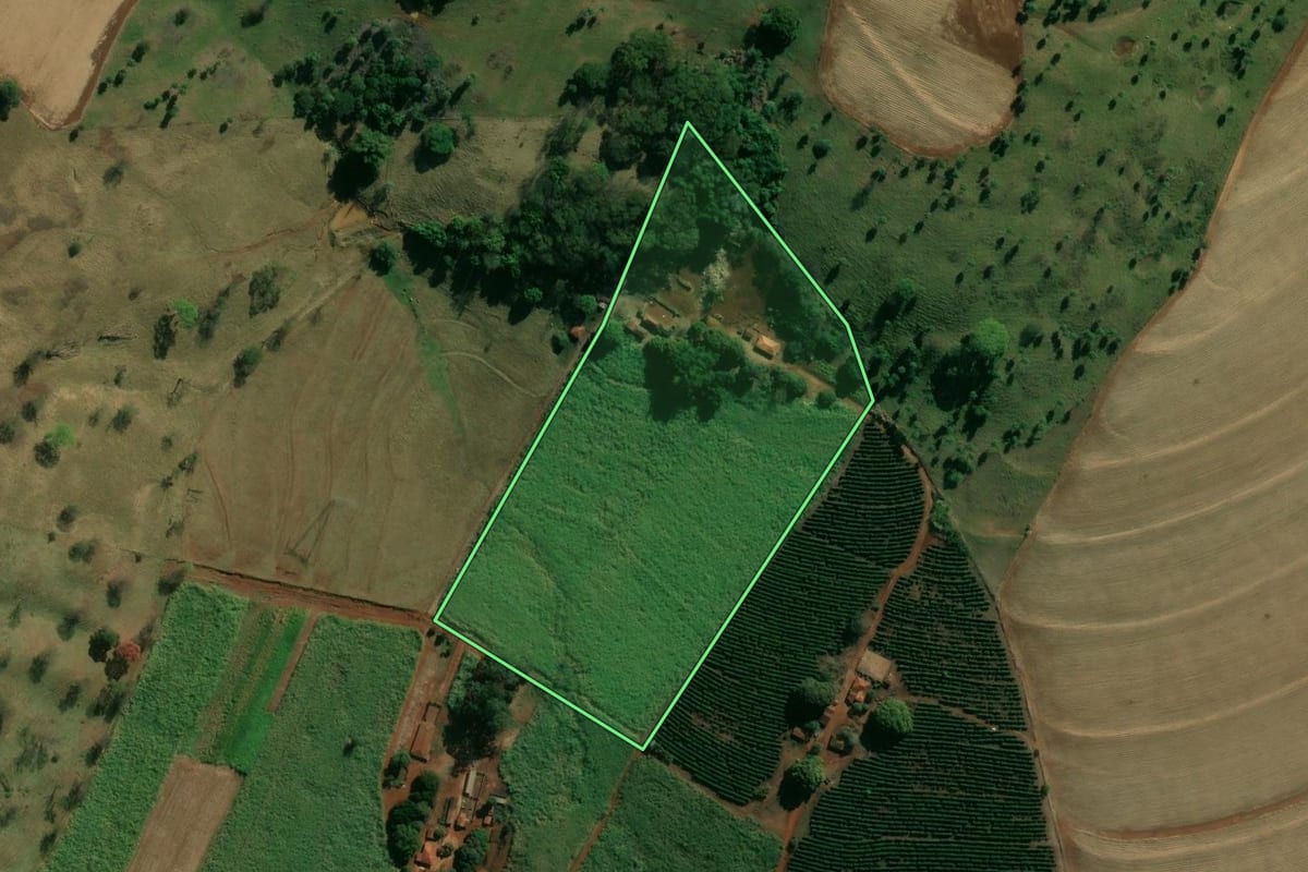 Imagem de satélite do imóvel rural em Brodowski (SP), com o contorno declarado no CAR desenhado por cima.