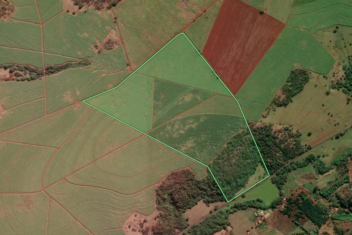 Imagem de satélite do imóvel rural em Brodowski (SP), com o contorno declarado no CAR desenhado por cima.