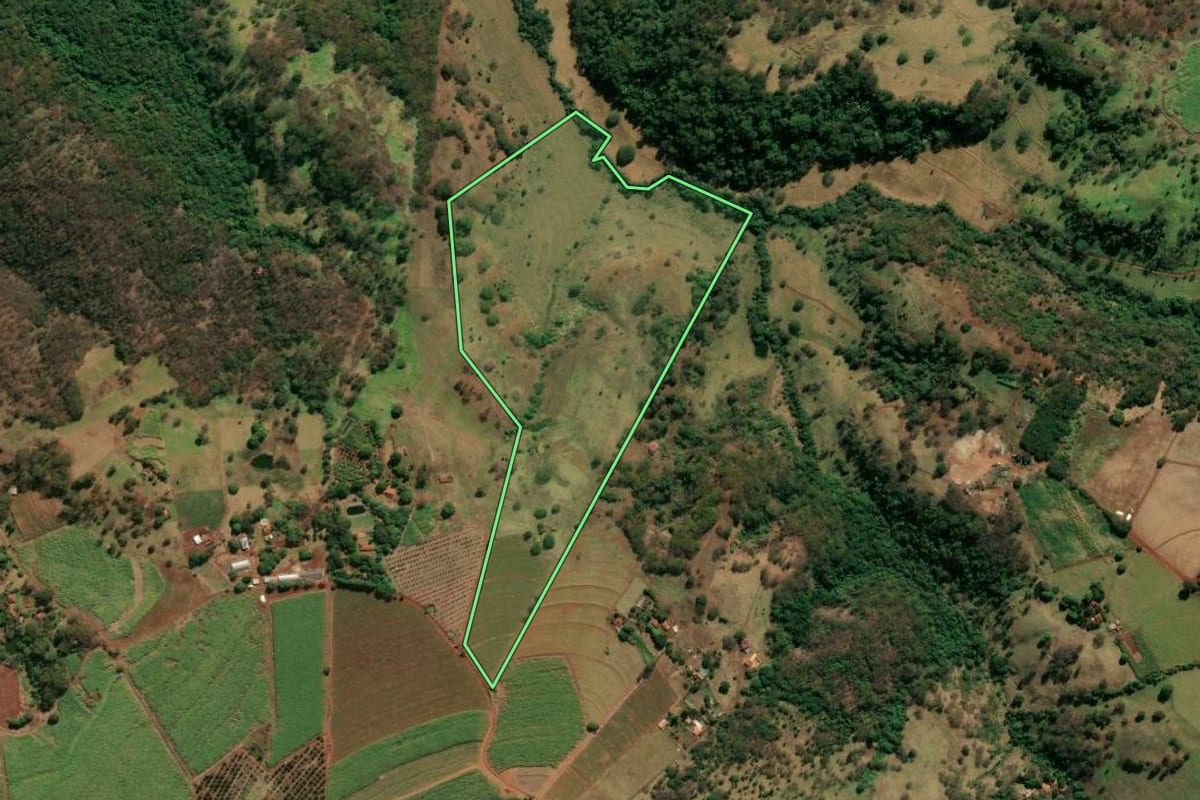 Imagem de satélite do imóvel rural em Brodowski (SP), com o contorno declarado no CAR desenhado por cima.