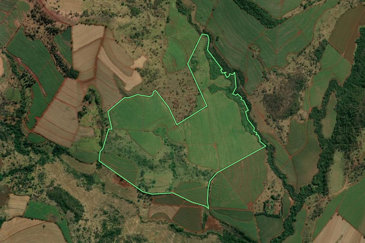 Imagem de satélite do imóvel rural em Brodowski (SP), com o contorno declarado no CAR desenhado por cima.