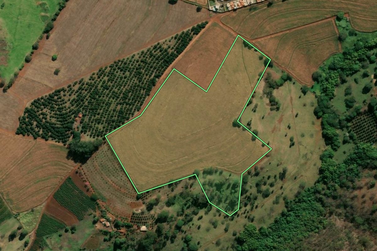 Imagem de satélite do imóvel rural em Brodowski (SP), com o contorno declarado no CAR desenhado por cima.
