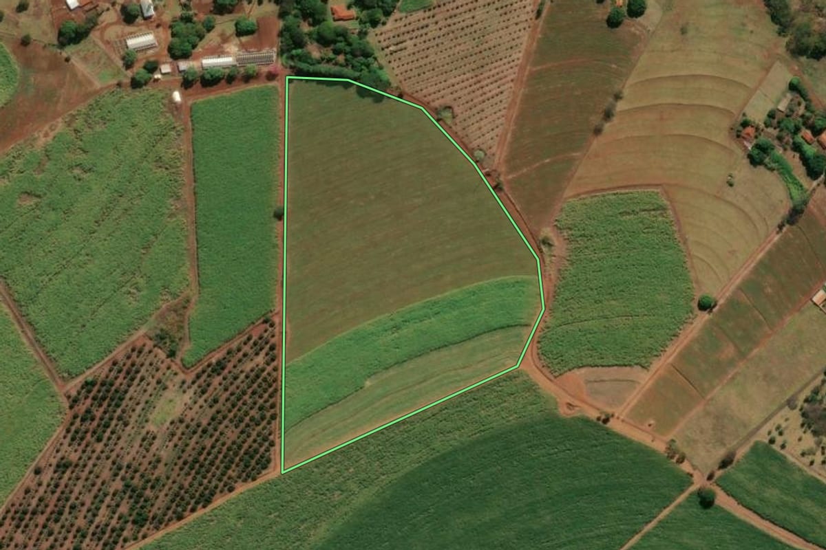 Imagem de satélite do imóvel rural em Brodowski (SP), com o contorno declarado no CAR desenhado por cima.