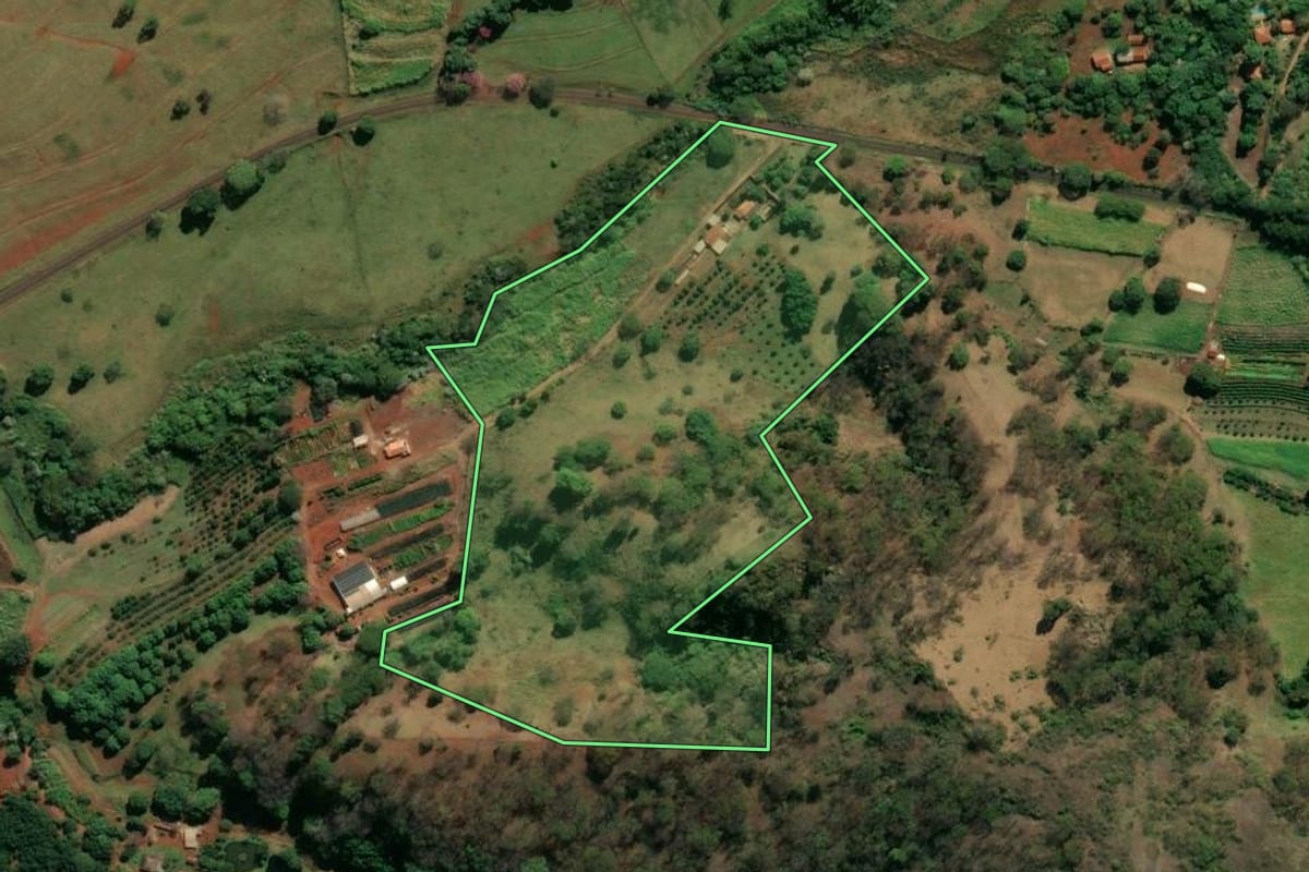 Imagem de satélite do imóvel rural em Brodowski (SP), com o contorno declarado no CAR desenhado por cima.