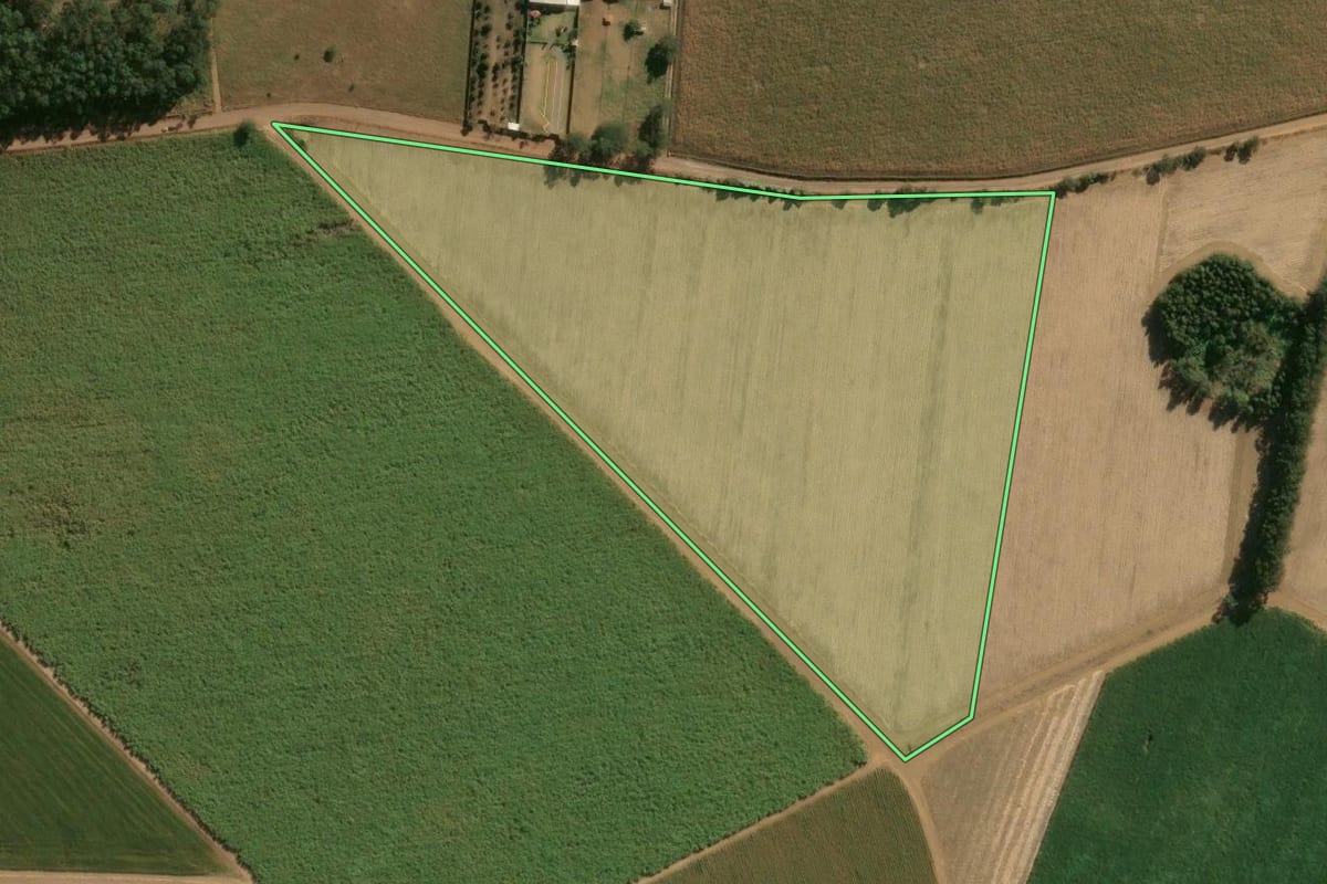 Imagem de satélite do imóvel rural em Brodowski (SP), com o contorno declarado no CAR desenhado por cima.