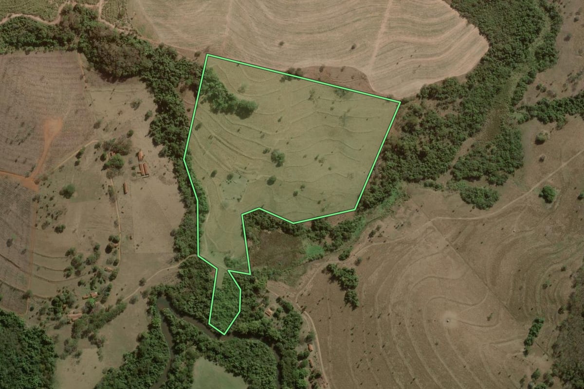 Imagem de satélite do imóvel rural em Brotas (SP), com o contorno declarado no CAR desenhado por cima.