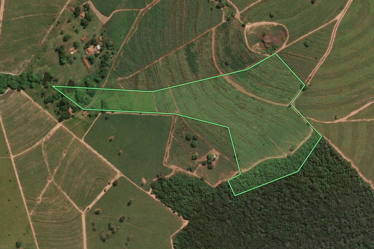 Imagem de satélite do imóvel rural em Brotas (SP), com o contorno declarado no CAR desenhado por cima.