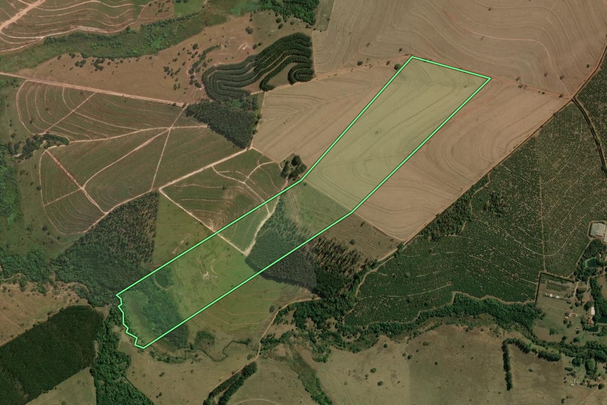 Imagem de satélite do imóvel rural em Brotas (SP), com o contorno declarado no CAR desenhado por cima.