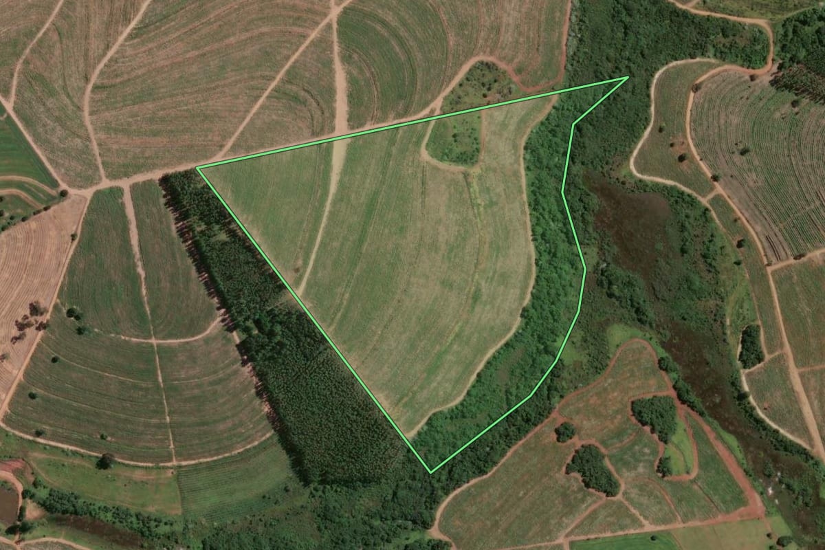 Imagem de satélite do imóvel rural em Brotas (SP), com o contorno declarado no CAR desenhado por cima.