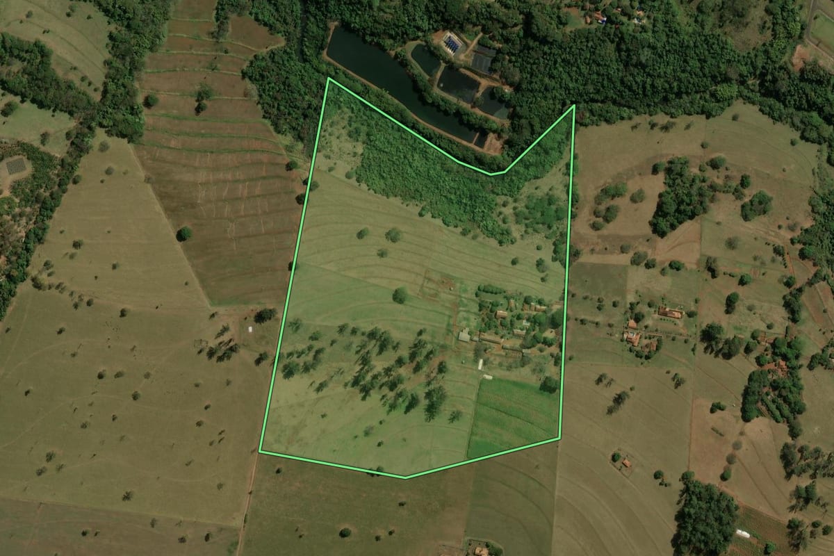 Imagem de satélite do imóvel rural em Brotas (SP), com o contorno declarado no CAR desenhado por cima.