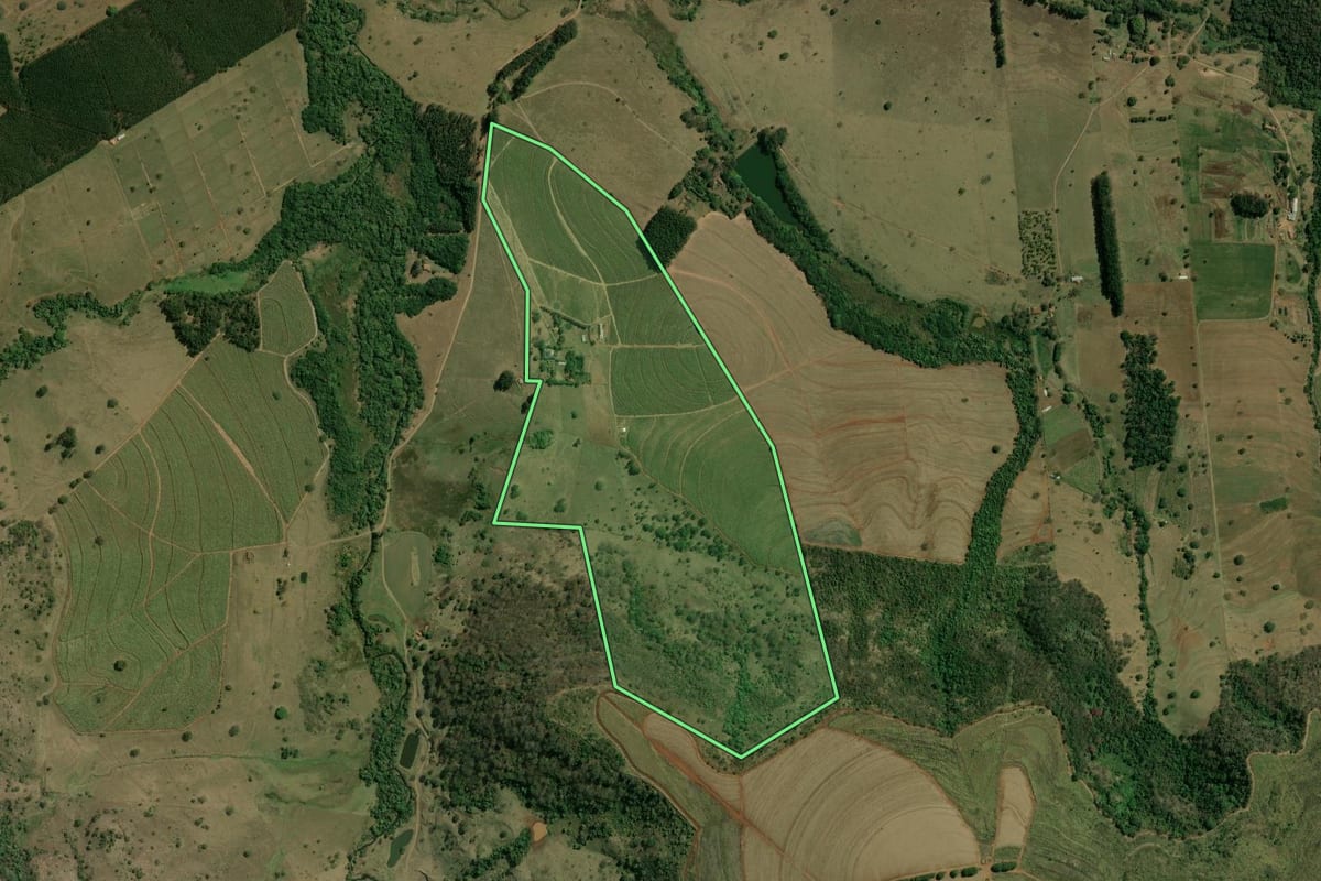 Imagem de satélite do imóvel rural em Brotas (SP), com o contorno declarado no CAR desenhado por cima.