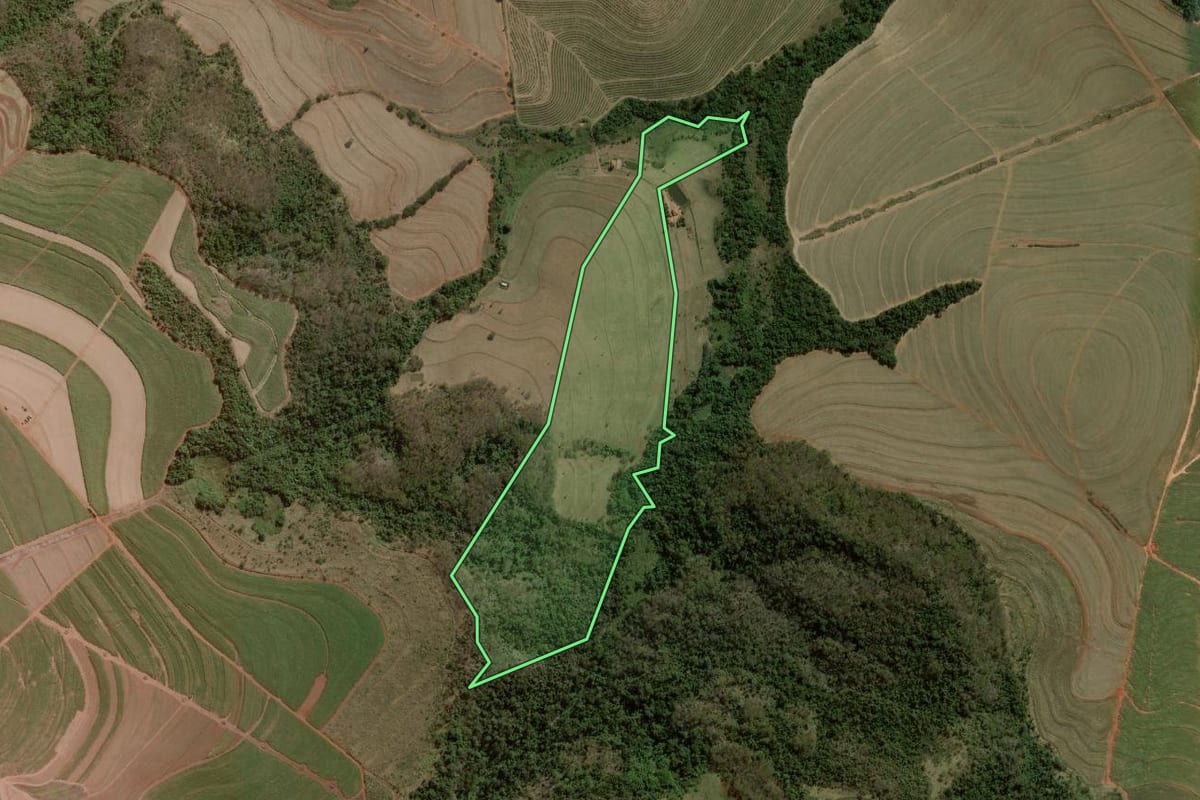 Imagem de satélite do imóvel rural em Brotas (SP), com o contorno declarado no CAR desenhado por cima.
