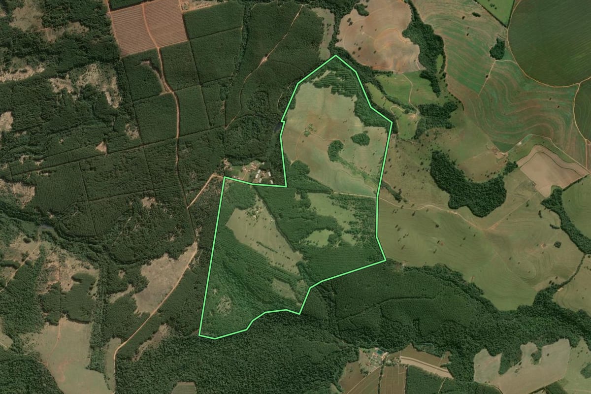 Imagem de satélite do imóvel rural em Buri (SP), com o contorno declarado no CAR desenhado por cima.