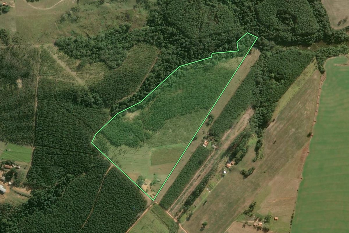 Imagem de satélite do imóvel rural em Buri (SP), com o contorno declarado no CAR desenhado por cima.