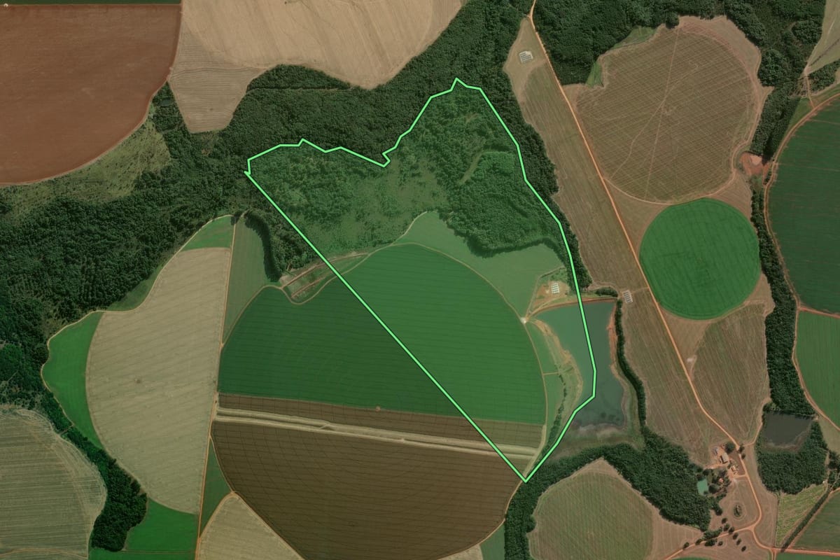 Imagem de satélite do imóvel rural em Buri (SP), com o contorno declarado no CAR desenhado por cima.