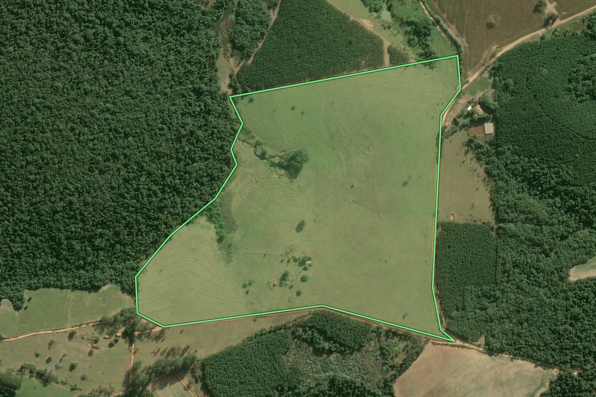 Imagem de satélite do imóvel rural em Buri (SP), com o contorno declarado no CAR desenhado por cima.