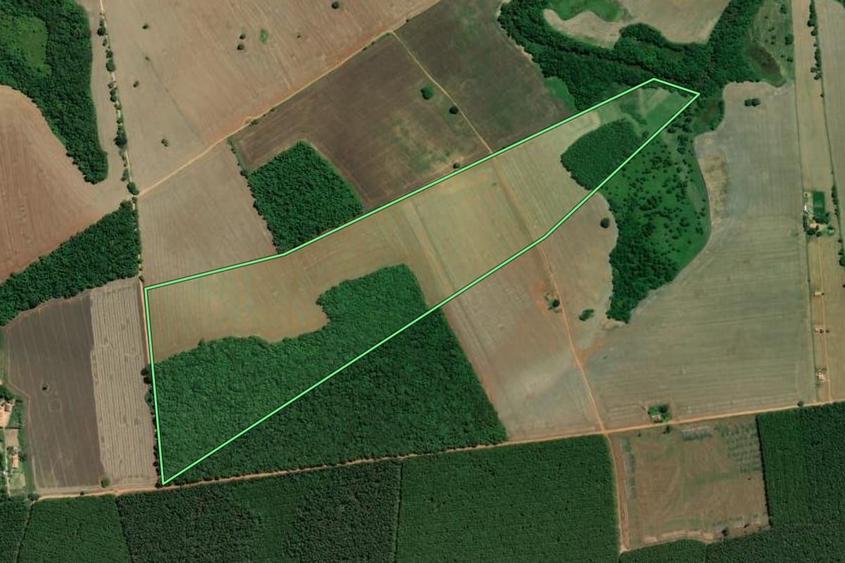 Imagem de satélite do imóvel rural em Buri (SP), com o contorno declarado no CAR desenhado por cima.