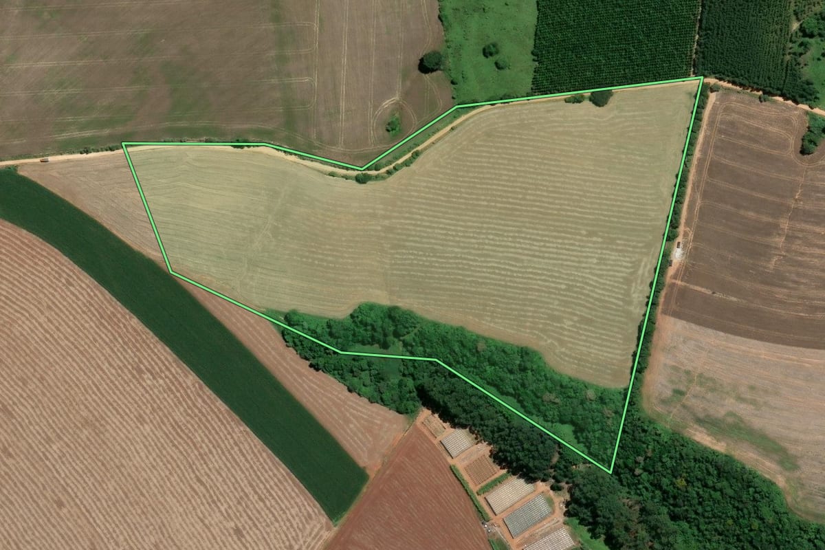 Imagem de satélite do imóvel rural em Buri (SP), com o contorno declarado no CAR desenhado por cima.