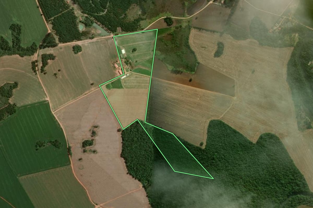 Imagem de satélite do imóvel rural em Buri (SP), com o contorno declarado no CAR desenhado por cima.