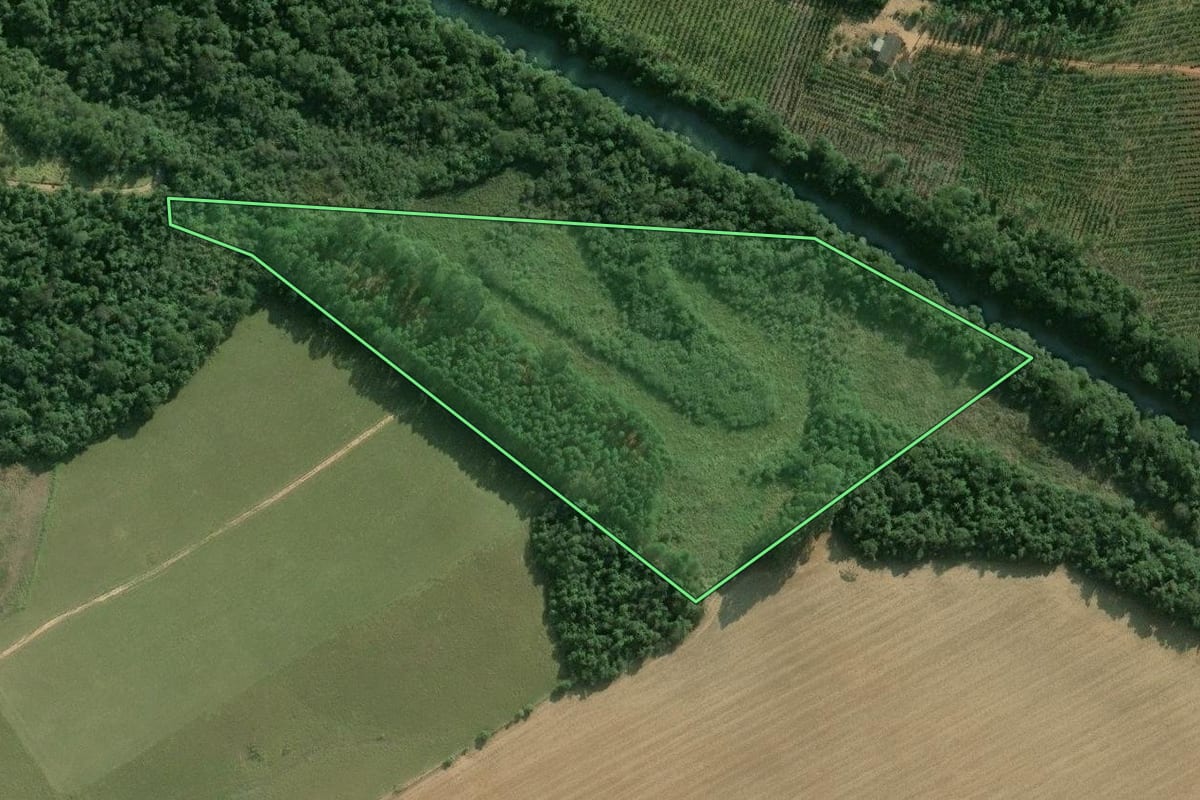 Imagem de satélite do imóvel rural em Buri (SP), com o contorno declarado no CAR desenhado por cima.