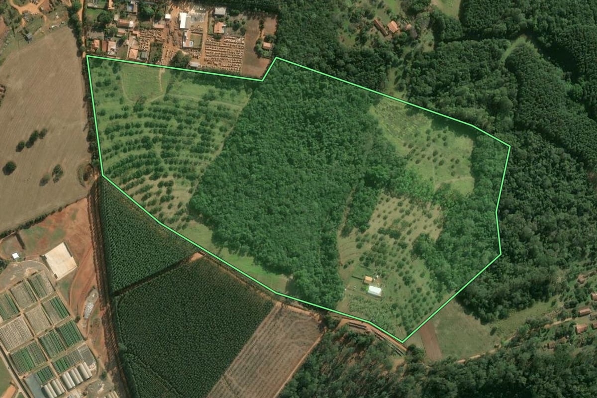 Imagem de satélite do imóvel rural em Buri (SP), com o contorno declarado no CAR desenhado por cima.