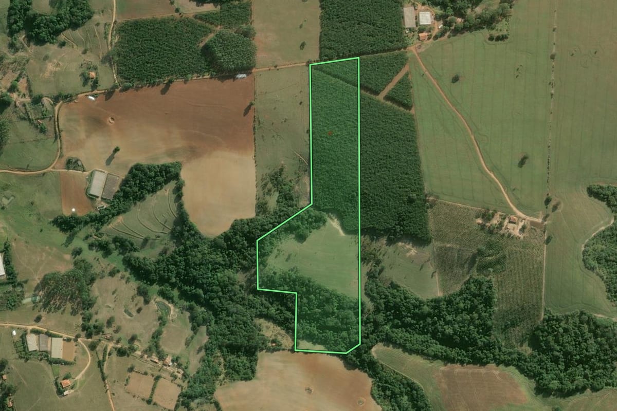 Imagem de satélite do imóvel rural em Buri (SP), com o contorno declarado no CAR desenhado por cima.