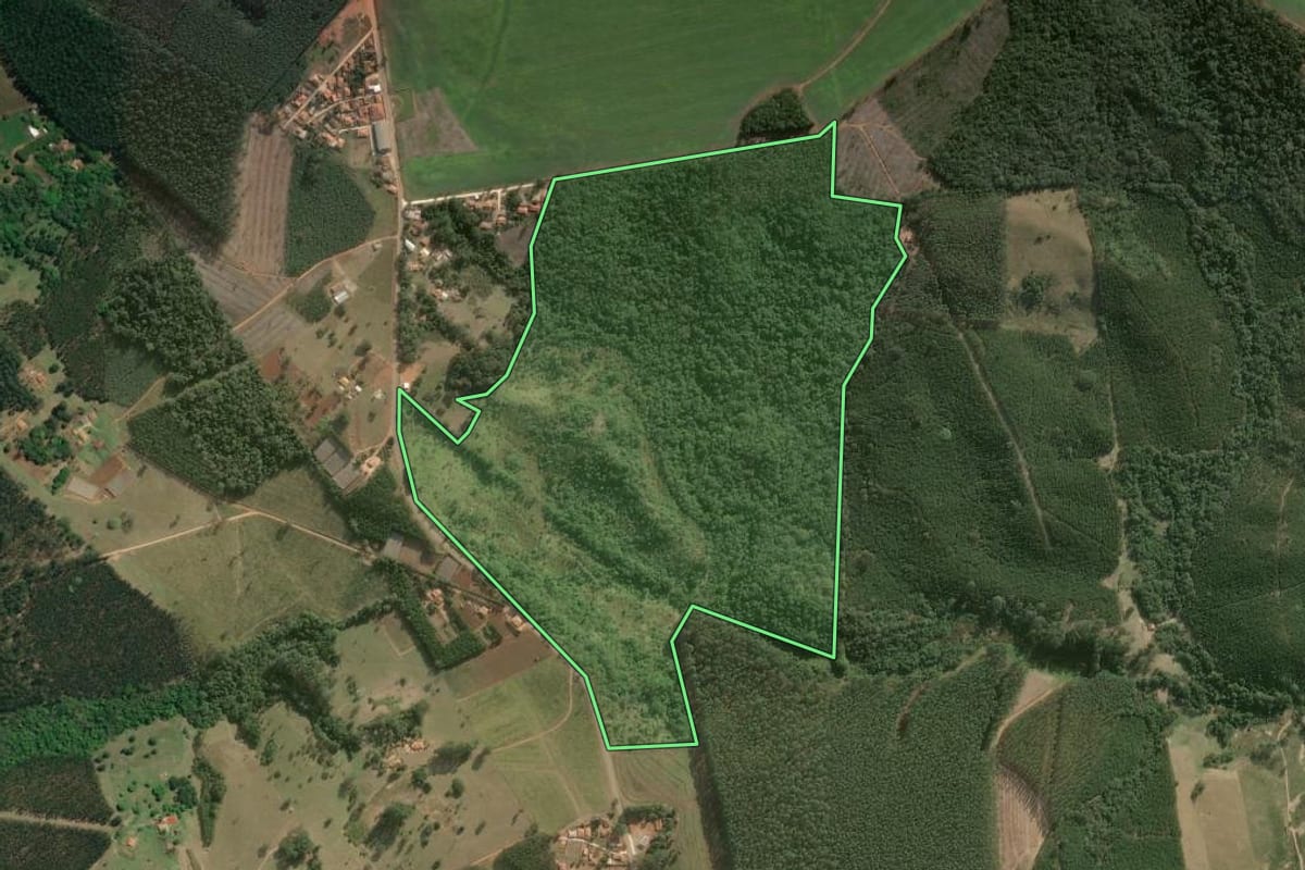 Imagem de satélite do imóvel rural em Buri (SP), com o contorno declarado no CAR desenhado por cima.