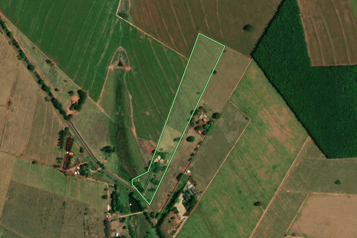 Imagem de satélite do imóvel rural em Buritama (SP), com o contorno declarado no CAR desenhado por cima.