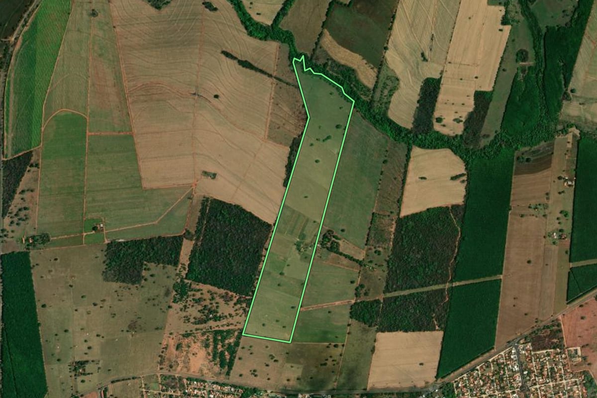 Imagem de satélite do imóvel rural em Buritama (SP), com o contorno declarado no CAR desenhado por cima.