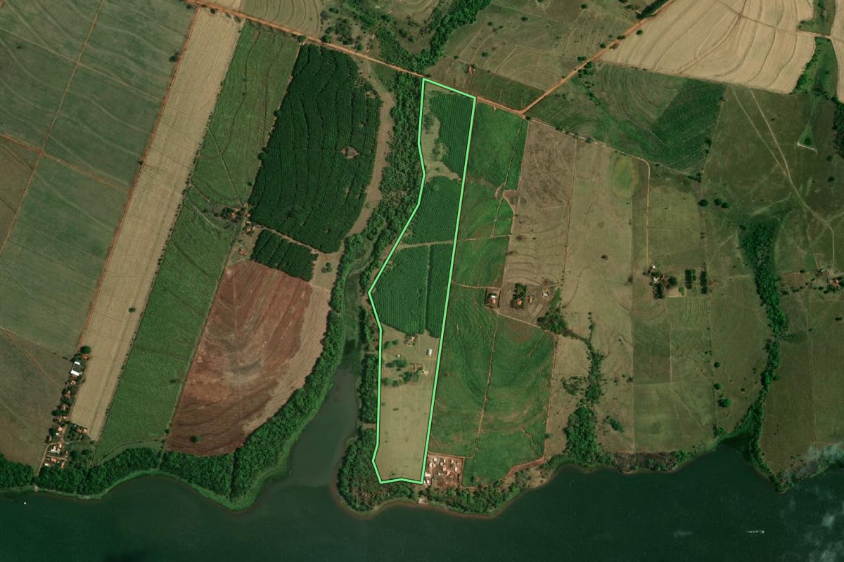Imagem de satélite do imóvel rural em Buritama (SP), com o contorno declarado no CAR desenhado por cima.