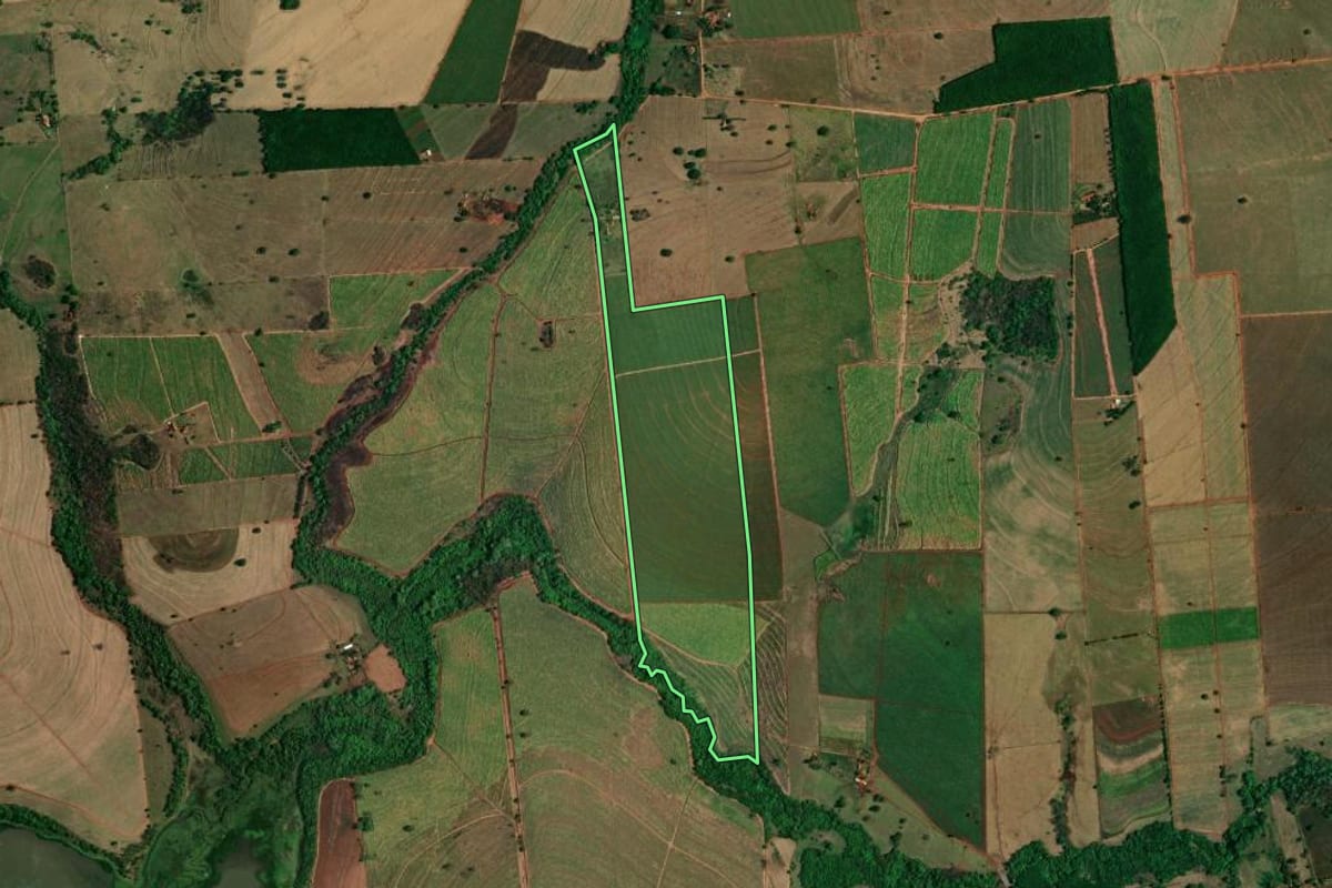 Imagem de satélite do imóvel rural em Buritama (SP), com o contorno declarado no CAR desenhado por cima.