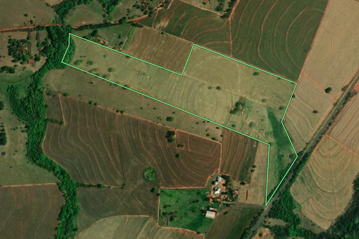 Imagem de satélite do imóvel rural em Buritama (SP), com o contorno declarado no CAR desenhado por cima.