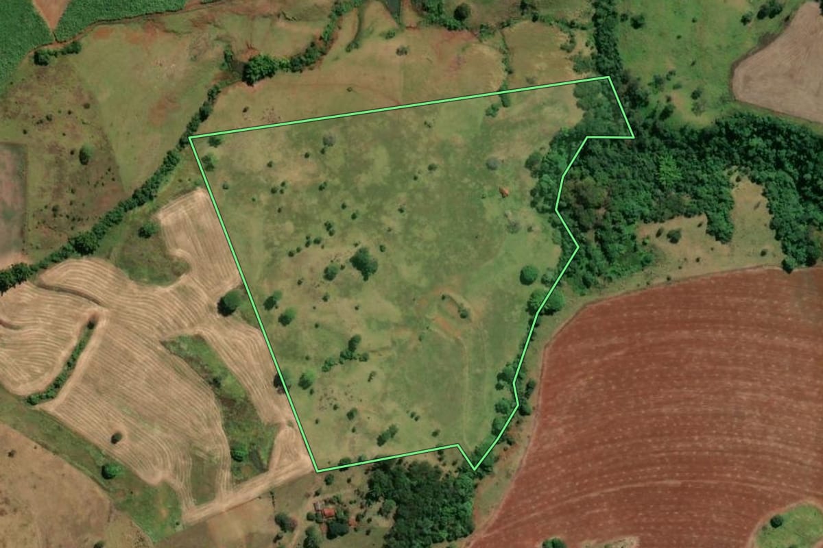 Imagem de satélite do imóvel rural em Buritizal (SP), com o contorno declarado no CAR desenhado por cima.