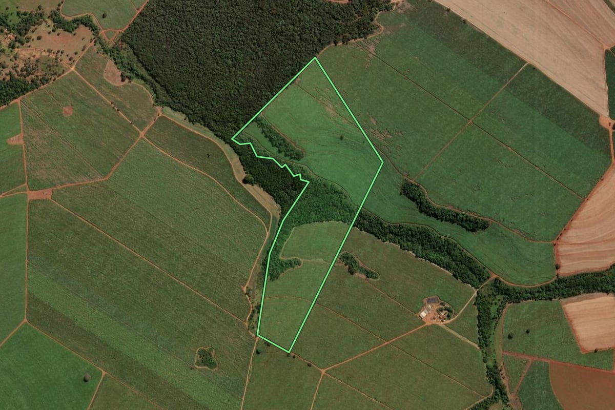 Imagem de satélite do imóvel rural em Buritizal (SP), com o contorno declarado no CAR desenhado por cima.