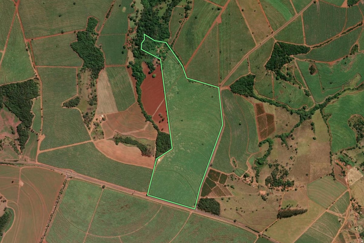 Imagem de satélite do imóvel rural em Buritizal (SP), com o contorno declarado no CAR desenhado por cima.