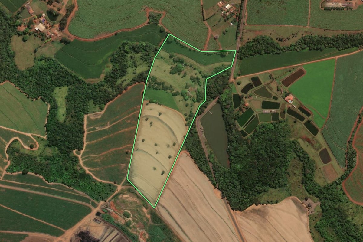 Imagem de satélite do imóvel rural em Buritizal (SP), com o contorno declarado no CAR desenhado por cima.