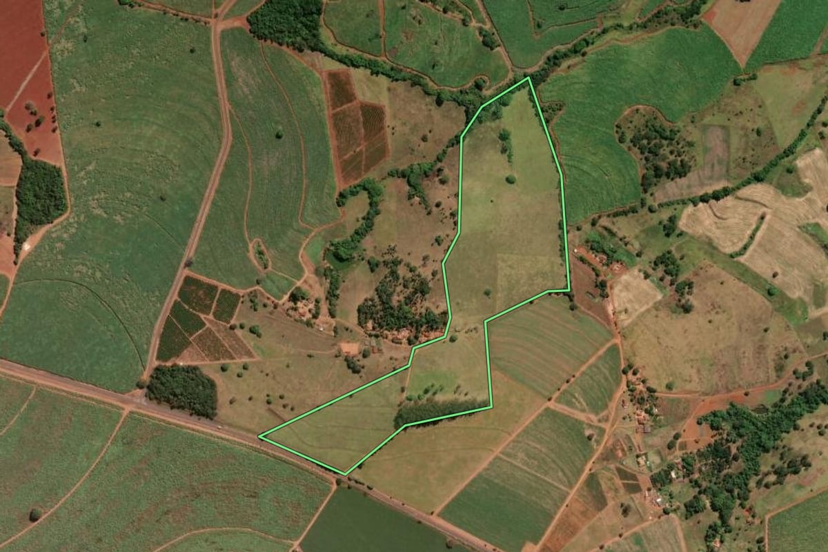 Imagem de satélite do imóvel rural em Buritizal (SP), com o contorno declarado no CAR desenhado por cima.