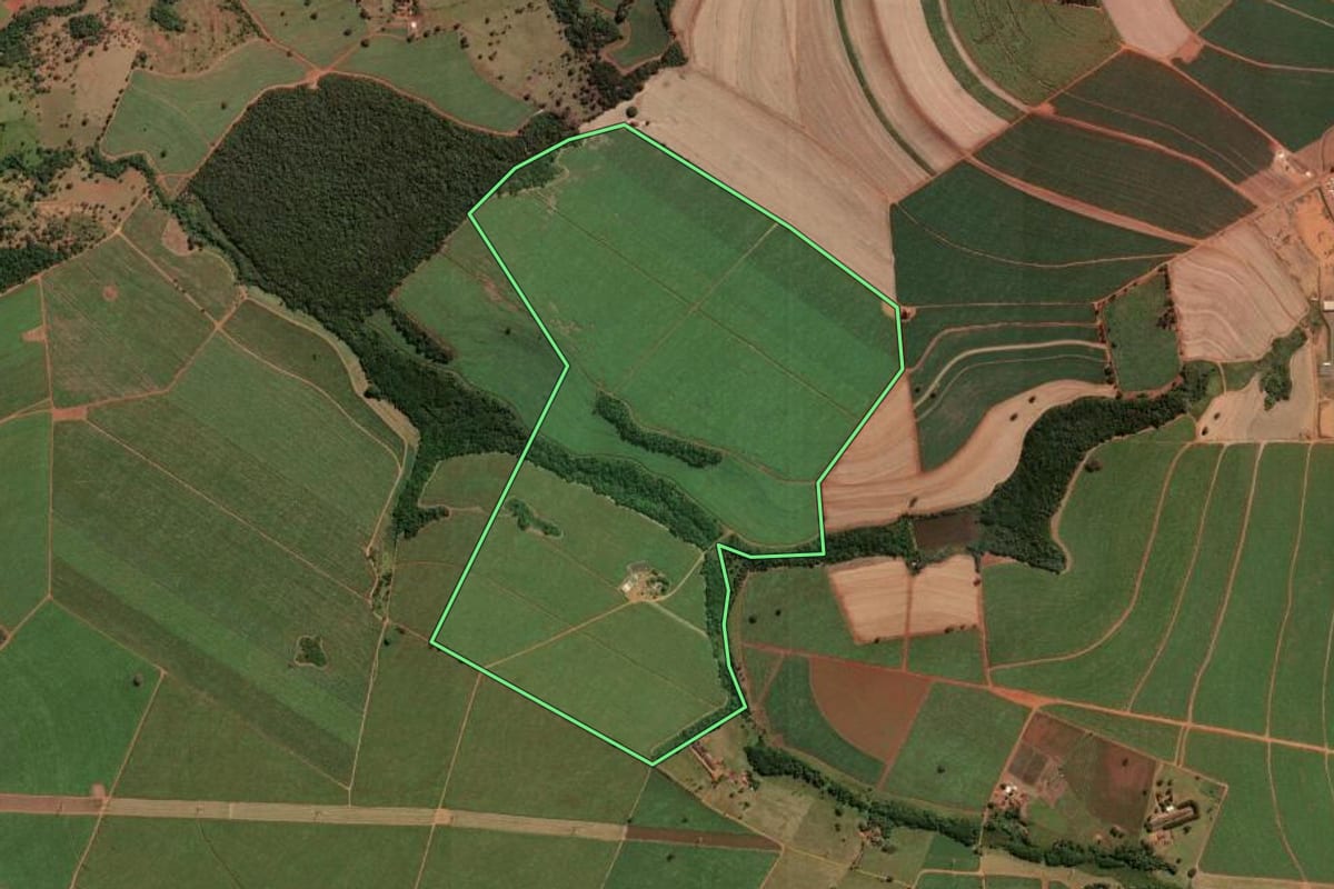 Imagem de satélite do imóvel rural em Buritizal (SP), com o contorno declarado no CAR desenhado por cima.