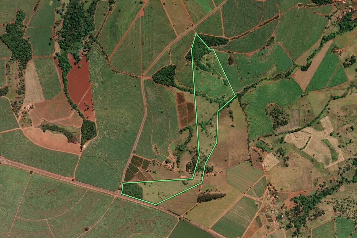 Imagem de satélite do imóvel rural em Buritizal (SP), com o contorno declarado no CAR desenhado por cima.