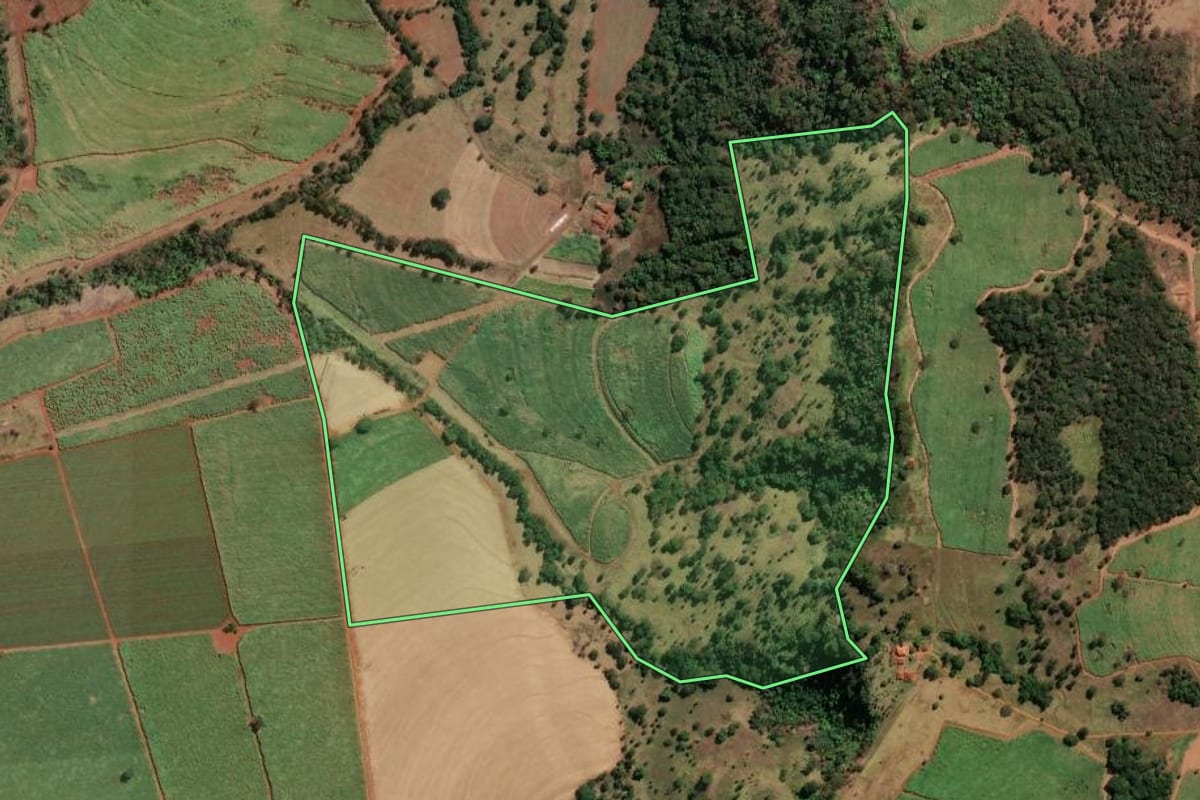 Imagem de satélite do imóvel rural em Buritizal (SP), com o contorno declarado no CAR desenhado por cima.