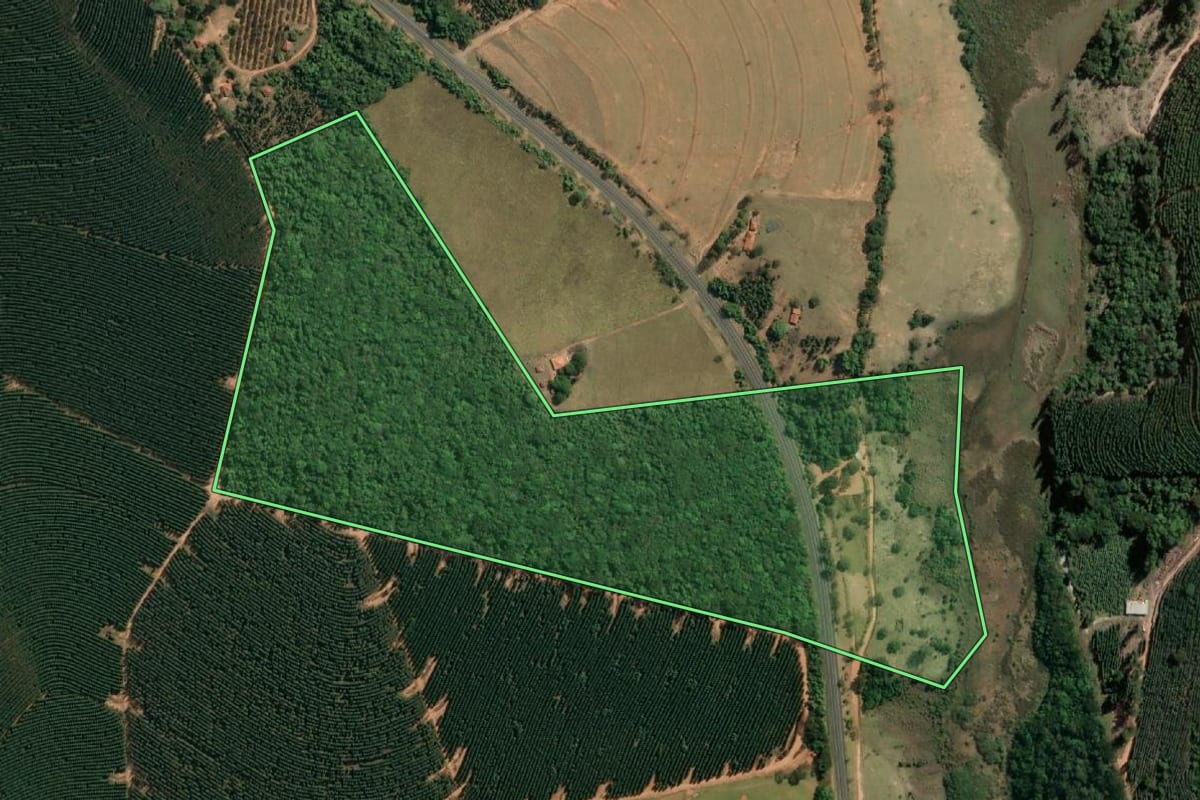 Imagem de satélite do imóvel rural em Cabrália Paulista (SP), com o contorno declarado no CAR desenhado por cima.