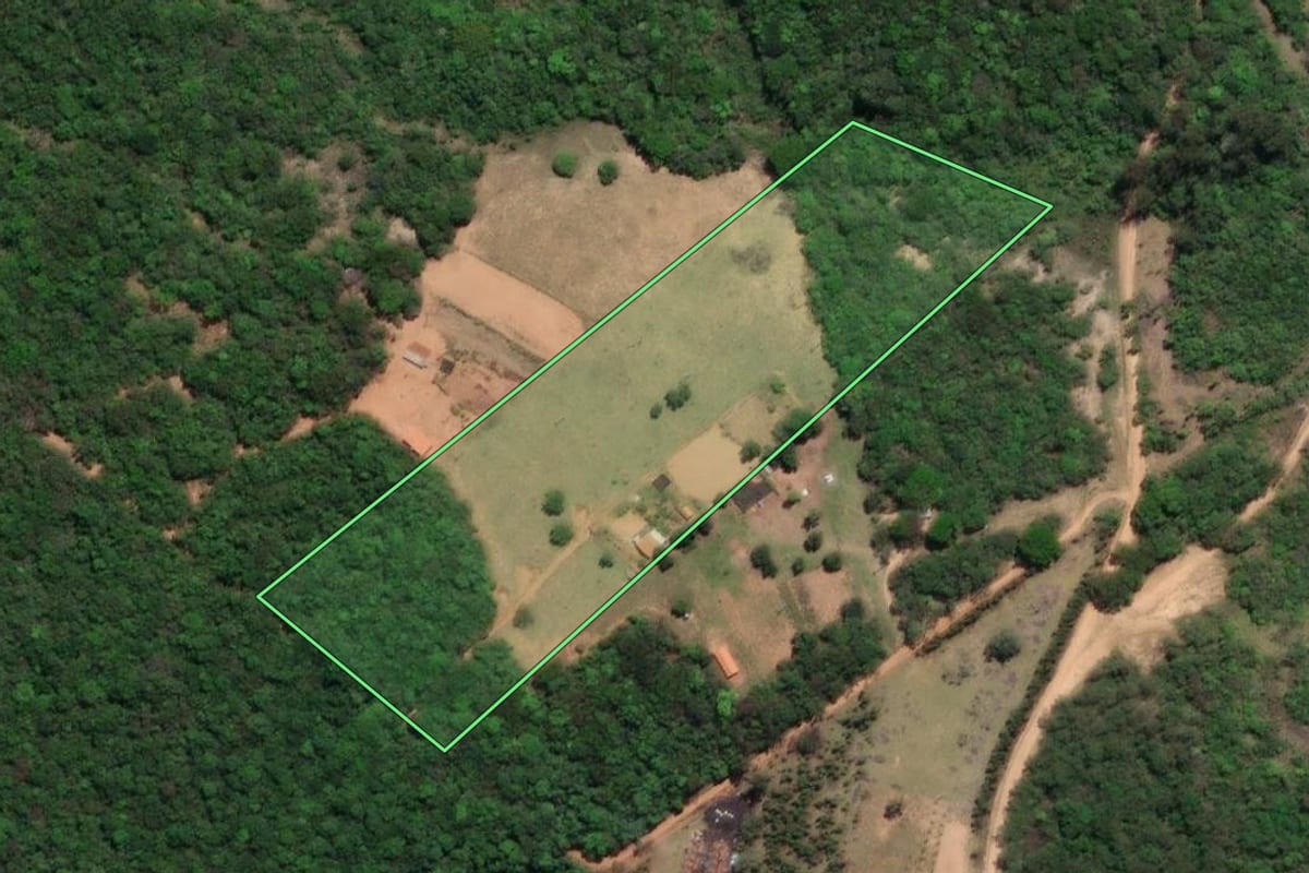 Imagem de satélite do imóvel rural em Cabrália Paulista (SP), com o contorno declarado no CAR desenhado por cima.