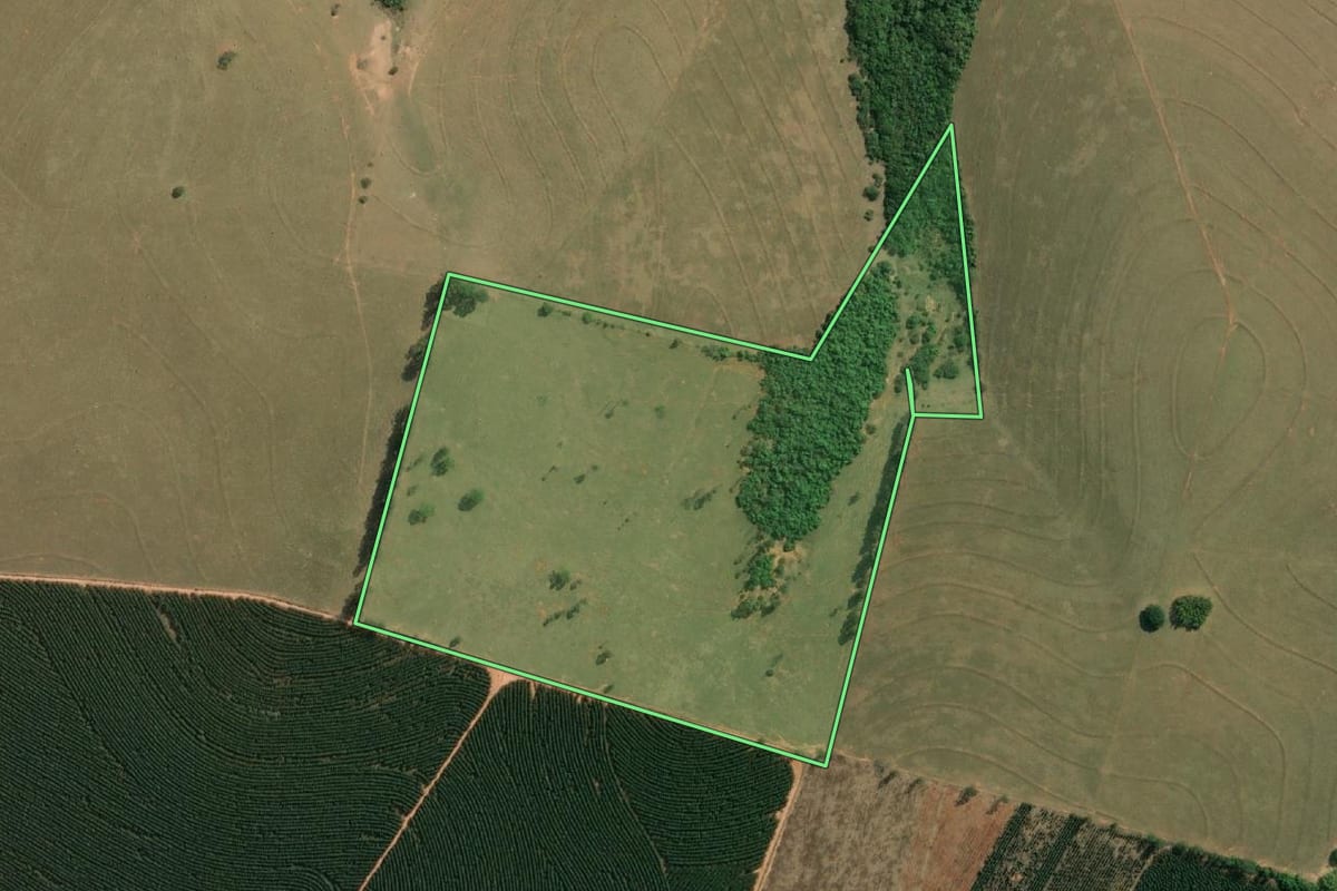 Imagem de satélite do imóvel rural em Cabrália Paulista (SP), com o contorno declarado no CAR desenhado por cima.