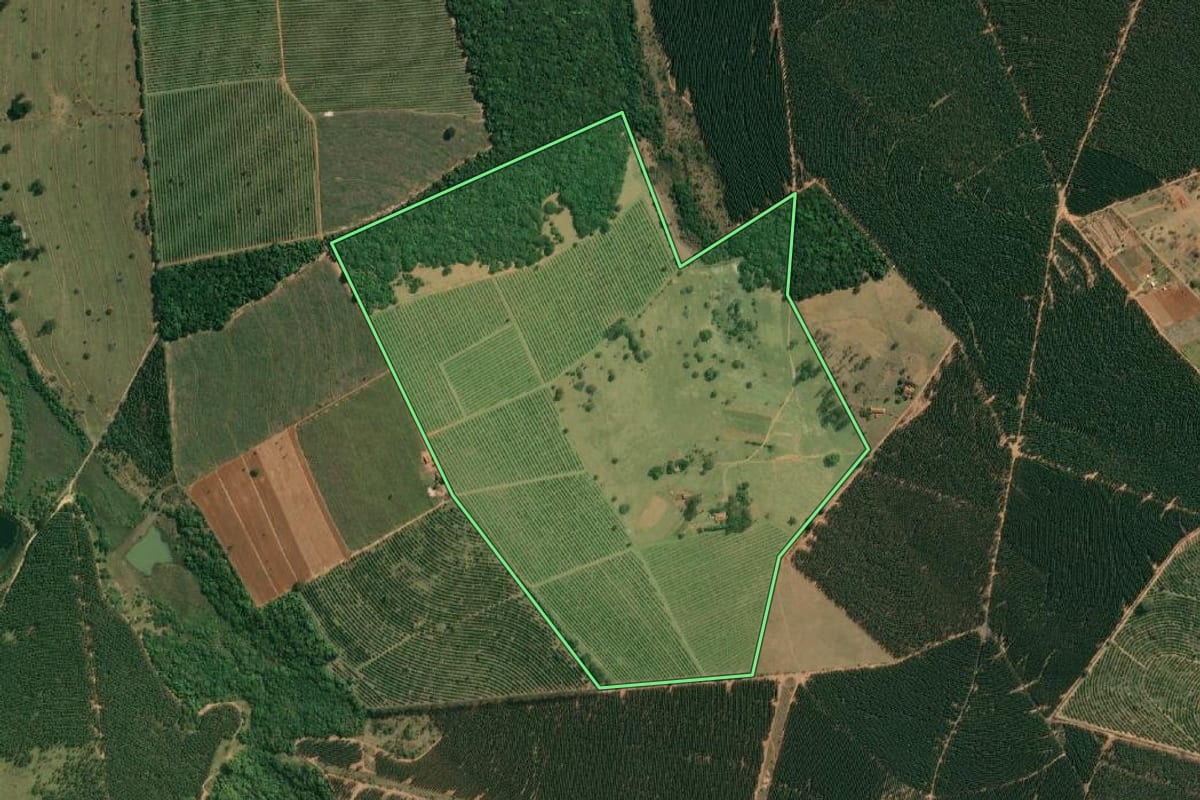 Imagem de satélite do imóvel rural em Cabrália Paulista (SP), com o contorno declarado no CAR desenhado por cima.