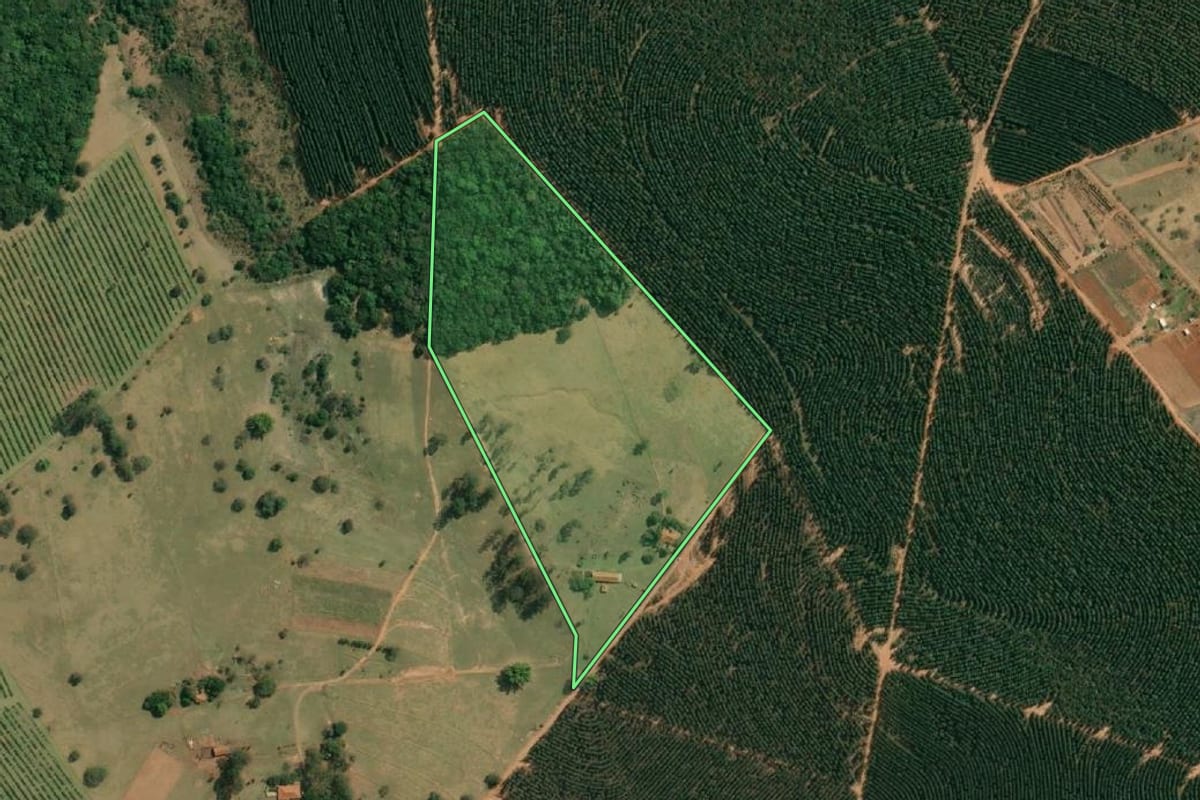 Imagem de satélite do imóvel rural em Cabrália Paulista (SP), com o contorno declarado no CAR desenhado por cima.