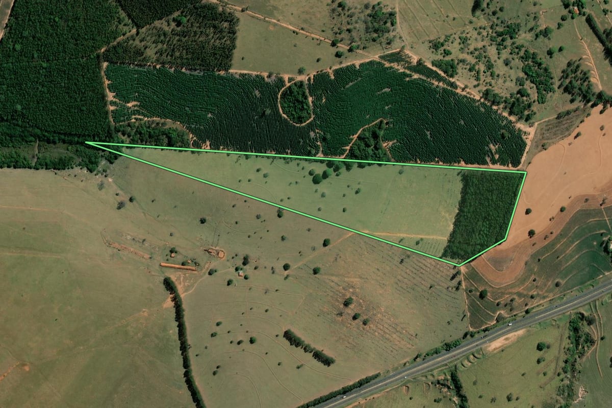 Imagem de satélite do imóvel rural em Cabrália Paulista (SP), com o contorno declarado no CAR desenhado por cima.