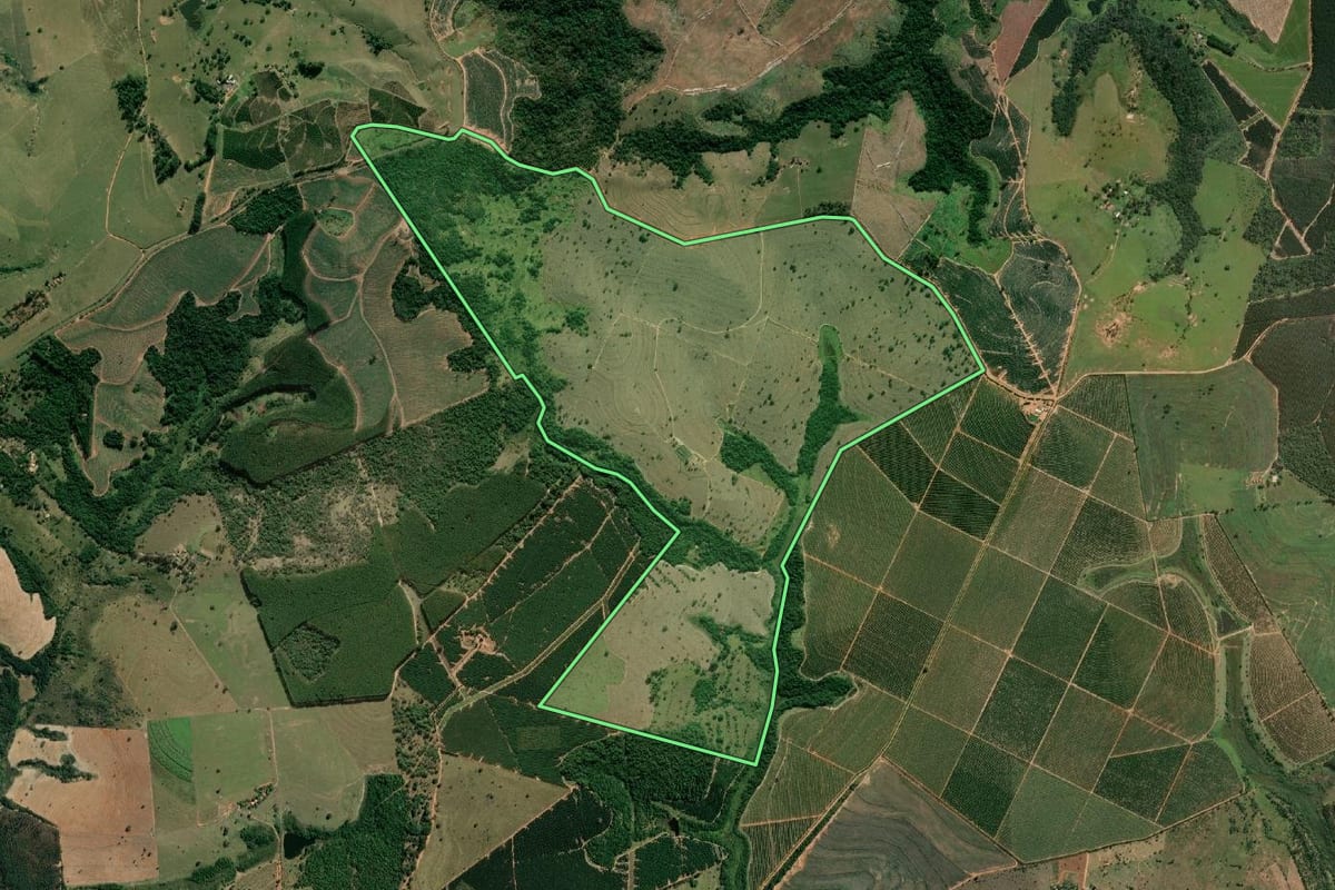Imagem de satélite do imóvel rural em Cabrália Paulista (SP), com o contorno declarado no CAR desenhado por cima.